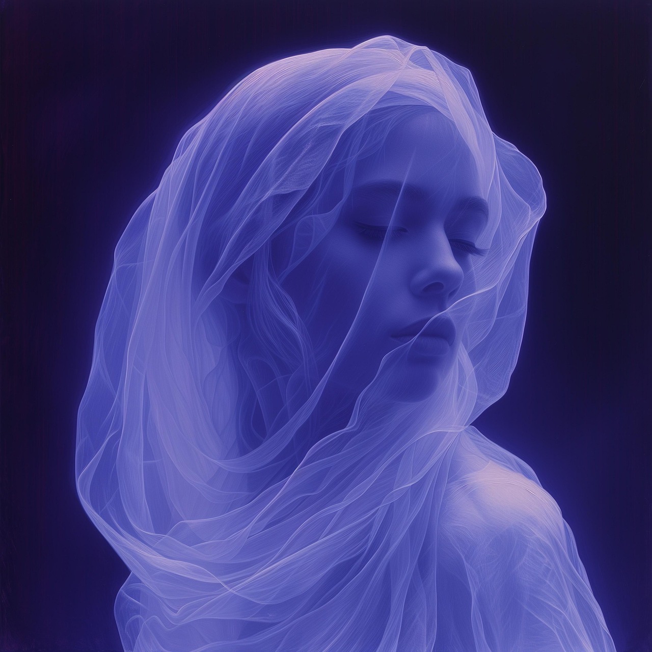 A mysterious woman in a blue-tinted artistic digital image with a veil effect